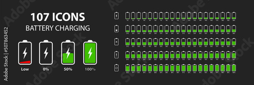 Set of white vertical battery level indicators in percentage vector. Battery indicator symbols. 0-100 percent. Battery for the dark theme.