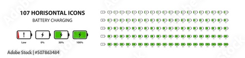 Set of horizontal battery level indicators in percentage vector. Battery indicator symbols. 0-100 percent.