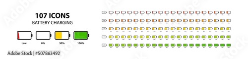 Set of horizontal battery level indicators in percentage vector. Battery indicator symbols. 0-100 percent.