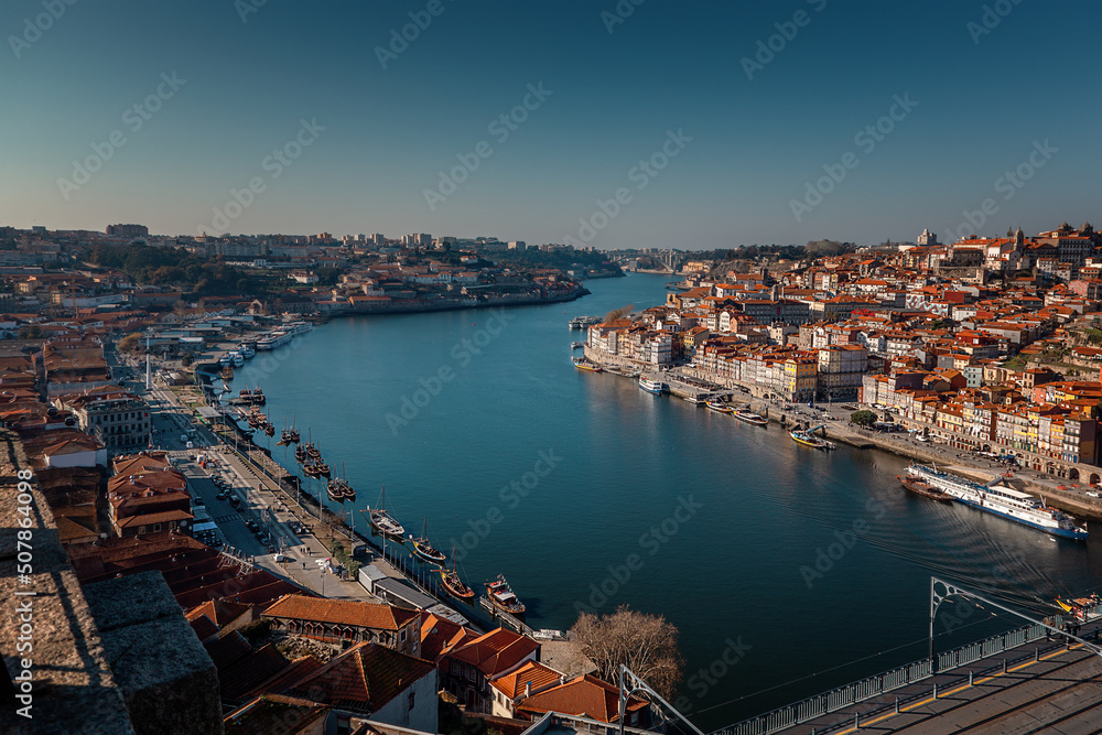 Alial view of the city of Porto, embankment on the river travel to Portugal