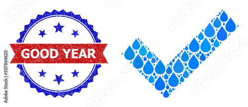 Vector mosaic yes tick, and bicolor dirty Good Year seal stamp. Yes tick mosaic for pure water ads. Yes tick is created with blue pure aqua dews.