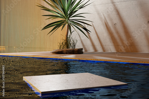 stone podium in water with concrete wall, palm tree and wooden planken at evening time, 3d rendering for product promotion with copy space photo