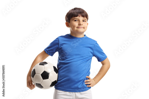 Child in sports jersey holding a soccer ball and posing © Ljupco Smokovski