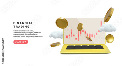 Financial trading banner in 3d realistic style. Investment trading in the stock market. Vector illustration