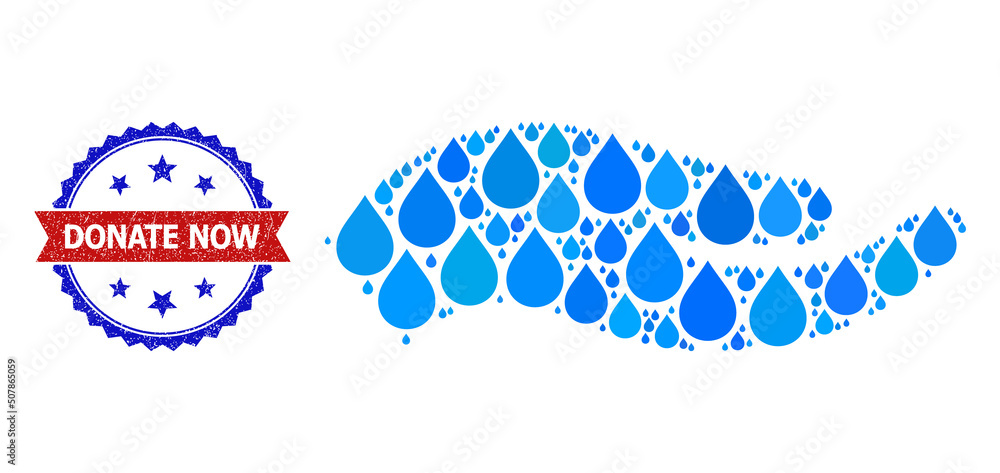 Vector mosaic petition hand, and bicolor textured Donate Now seal. Petition hand mosaic for clean beverage ads. Petition hand is composed with blue drinking liquid dews.