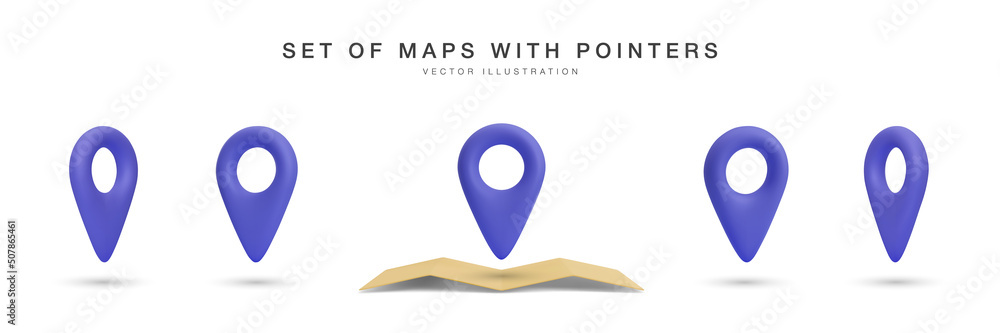 Realistic 3d map with set of blue pointer in different views isolated on white background. Vector illustration Realistic 3d map with set of blue pointer in different views isolated on white background. Vector illustration