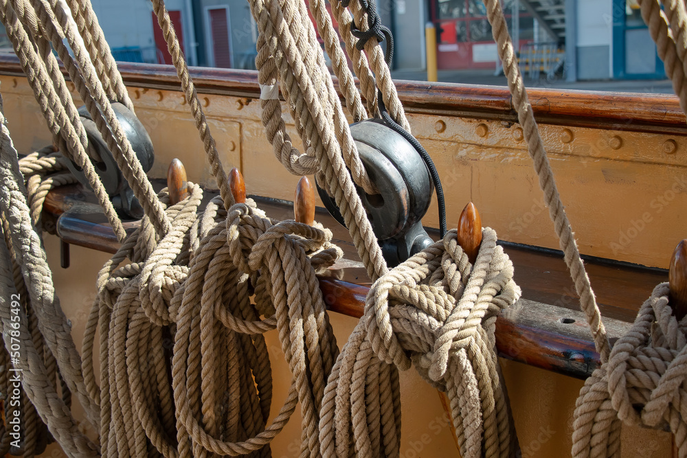 Ropes to control the sails, details of the device of the yacht,  details of sailing ship close up