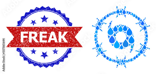 Vector mosaic jail fan, and bicolor scratched Freak stamp. Jail fan mosaic for clean water advertisement. Jail fan is composed with blue clear water dews.