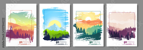 Vector landscapes. Set of scenes in nature with mountains and forest, silhouettes of trees. Hiking tourism. Adventure. Minimalist graphic flyers. Polygonal flat design for coupons, vouchers, postcards