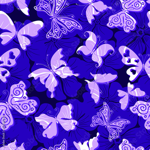Seamless purple pattern with white flying butterflies  on flowers background. Vector eps 10
