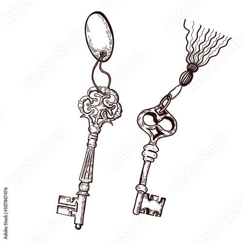 A set of isolated elements on a white background. Keys drawn in the vector manually. The keys are antique dark brown. Suitable for design, creation of postcards, invitations.
