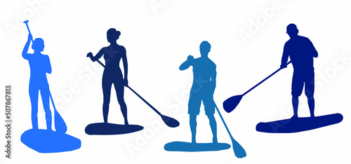 Stand up paddling stickers and badges. SUP boarding design elements. Set of vector emblems with SUP boards, boarder silhouettes and equipment.