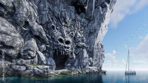 The traveler got into a creepy dragon cave lost in the ocean. 3D illustration.