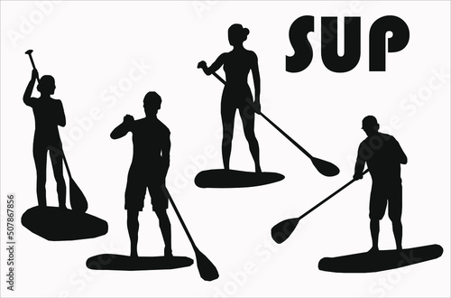 SUP boarding design elements. Set of vector emblems with SUP boards, boarder silhouettes and equipment. Stand up paddling stickers and badges.