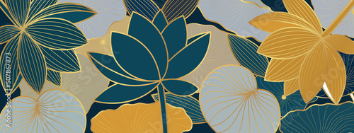 Vector poster with golden lotus flowers on a dark blue background. Golden lotus flowers in line art style.	