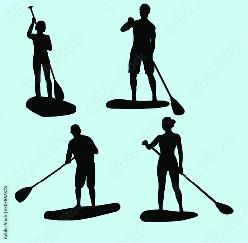Stand up paddling stickers and badges. SUP boarding design elements. Set of vector emblems with SUP boards, boarder silhouettes and equipment.
