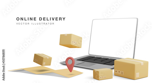 Online delivery banner with 3d realistic laptop, parcels and map with pointer in realistic style. Vector illustration
