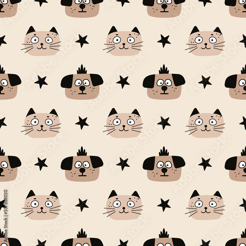 Seamless pattern with cute thoughtful puppy and smiling cat.Vector childish funny background.Design for kid fabric,textile,paper goods,wrapping paper.