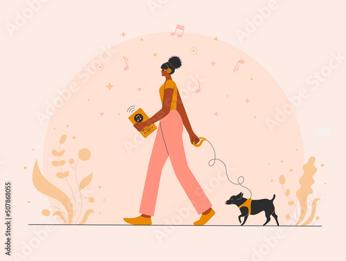 Afro woman with earphones walking and listening to a music online. Promo background for Podcast, Streaming, Online show, blogging, radio broadcasting. Headphones. Vector illustration for poster.