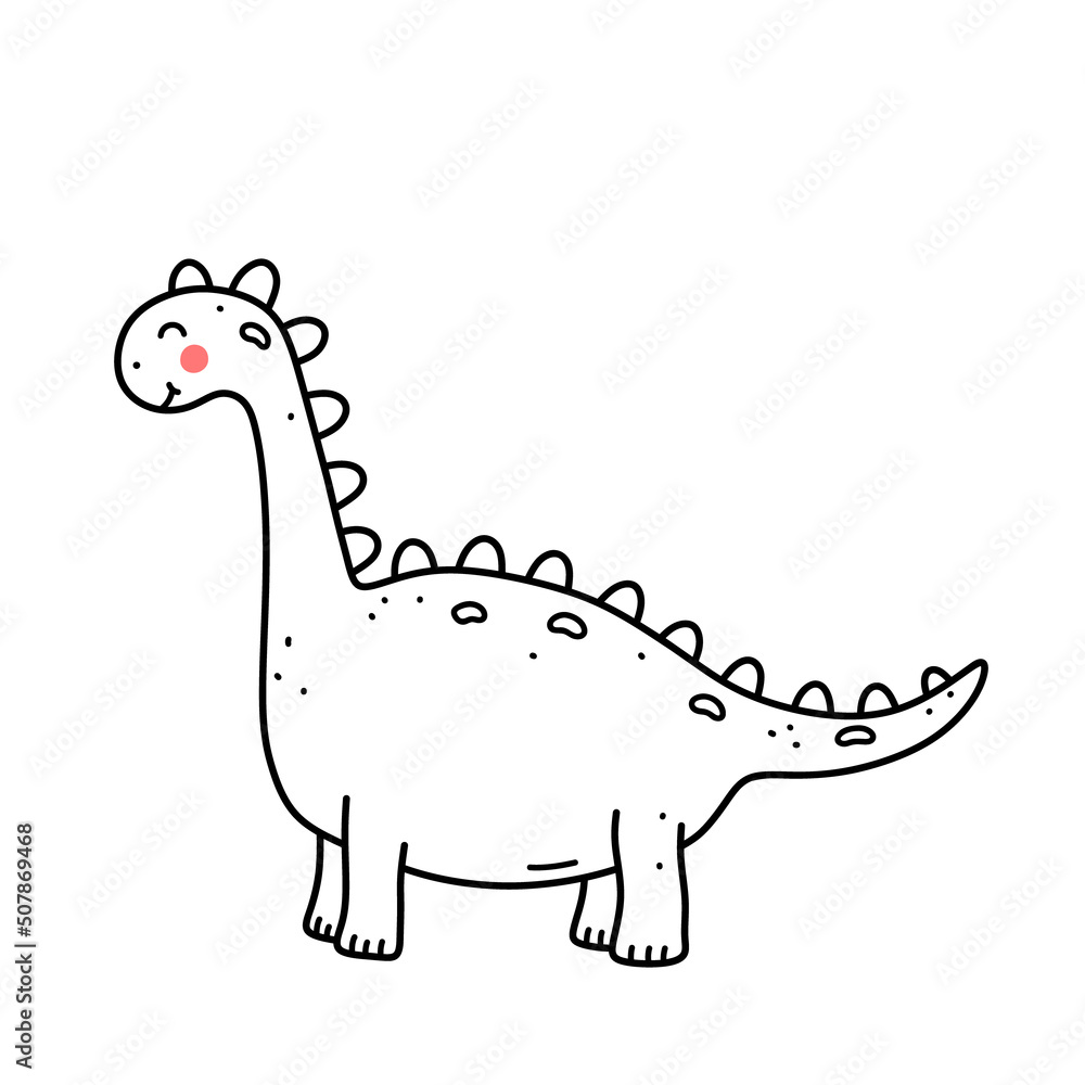 Cute smiling dinosaur isolated on white background. Vector hand-drawn illustration in doodle style. Perfect for cards, logo, decorations. Cartoon character.