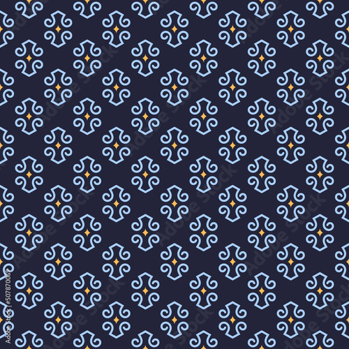 Damask medallion pattern abstract line shape geometric motif classic blue continuous background. Oriental style modern lux fabric design textile swatch ladies dress, man shirt all over print block.