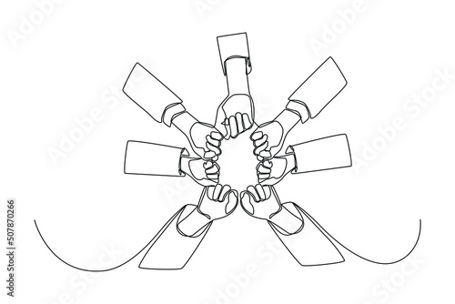 One single line drawing. Hands of team worker making circle with clenched fists. Teamwork united to achieve success.  concept continuous line draw design vector.