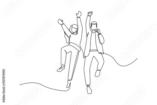 One single line drawing. Cheerful funny positive girl and boy  raising hands up. concept continuous line draw design vector.