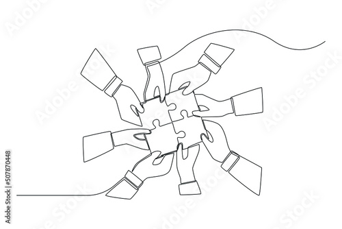 One single line drawing. business team hands connecting puzzle pieces into a single unit. Teamwork united to achieve success.  concept continuous line draw design vector.	