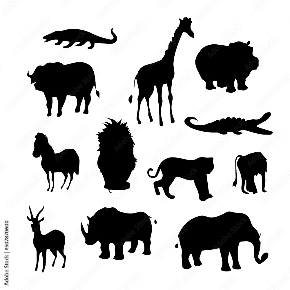Vector black set of African animals silhouette seamless pattern of hand ...