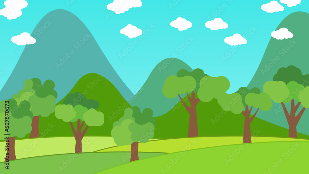 Waving trees in wind cartoon animation. Mountains, clouds and trees background for Nature concepts. Waving trees in wind cartoon animation. Mountains, clouds and trees background for Nature concepts.