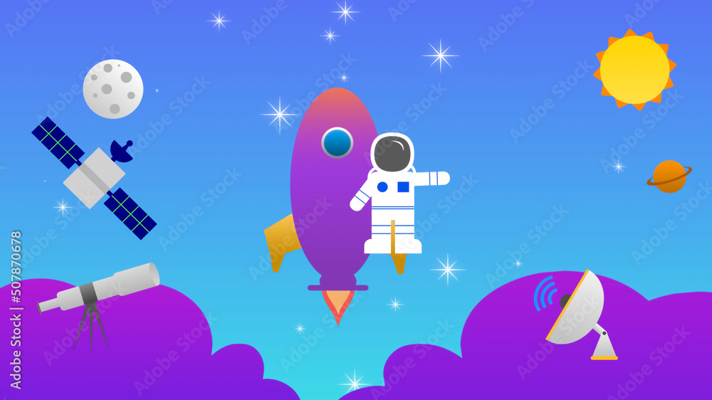 Naklejka premium kid space background with rocket, moon, satellite and clouds.