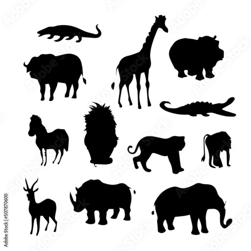 Vector black set of African animals silhouette  seamless pattern of hand drawn wild forest animals silhouette isolated on white background Vector.Vector black set bundle of forest