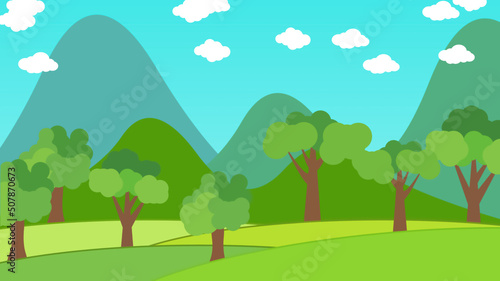 Waving trees in wind cartoon animation. Mountains  clouds and trees background for Nature concepts.