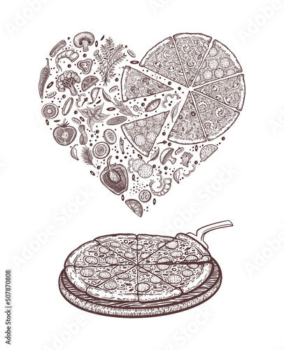 Pizza in the shape of a heart. Pizza and ingredients. Italian food menu design template. Hand drawn pizzeria menu template. Vector illustration.