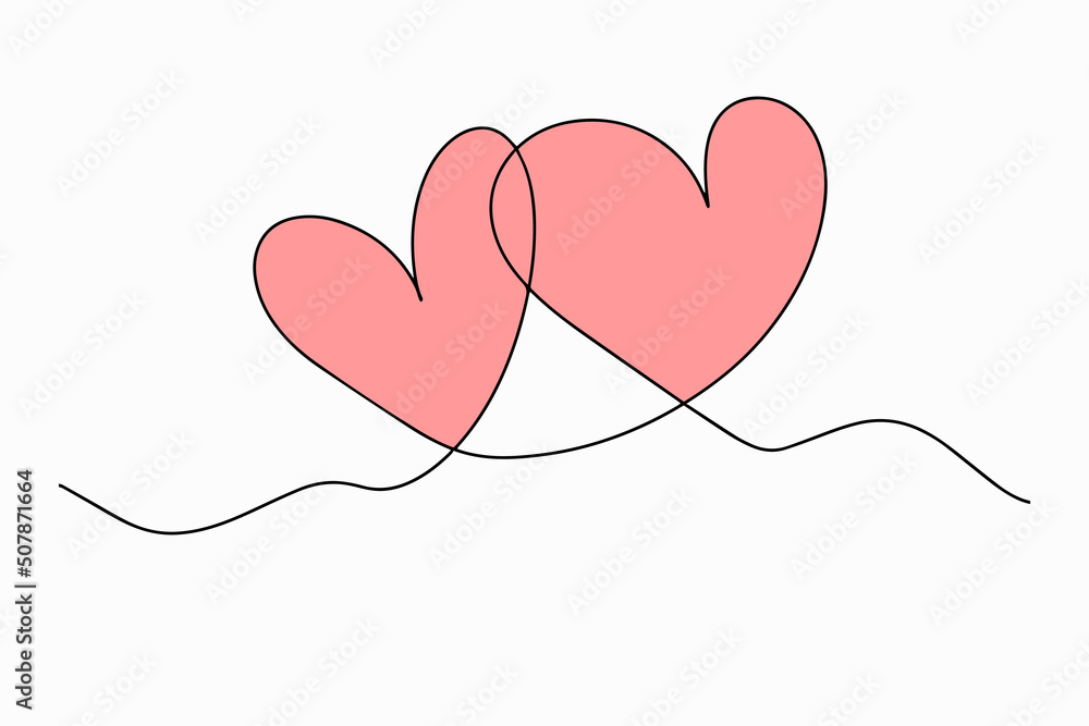 Two Hearts Continuous Line Drawing. Hearts Couple Trendy Minimalist Illustration. One Line Abstract Drawing.