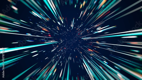 Cosmic hyperspace background. Speed of light, Hyper jump into another galaxy, multicolored glowing neon rays, Warp, Teleport, Hyper Speed Jump Effect Concept. 3D Rendering Illustration. photo