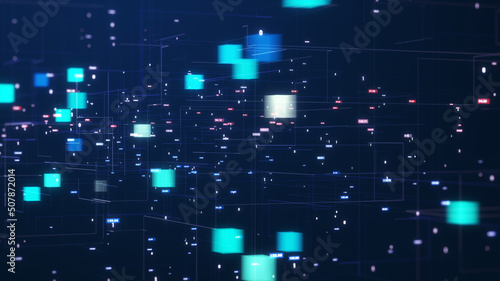 Blockchain concept. Isometric digital blocks connect with each other and shapes crypto chain. Blocks or cubes, connection consists of digital data. Digital network technology. 3D Render. © your123