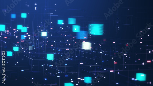 Blockchain concept. Isometric digital blocks connect with each other and shapes crypto chain. Blocks or cubes, connection consists of digital data. Digital network technology. 3D Render.