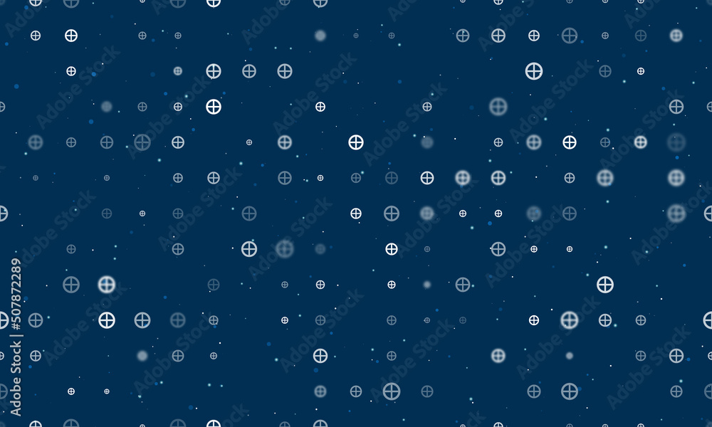 Seamless background pattern of evenly spaced white astrological earth symbols of different sizes and opacity. Vector illustration on dark blue background with stars