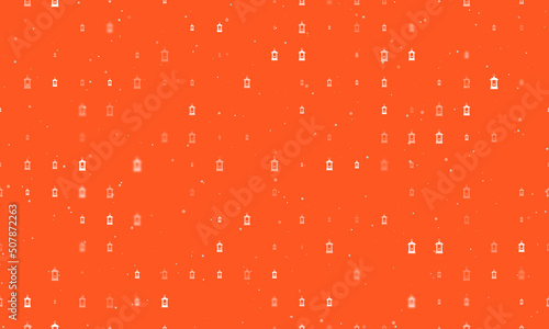 Seamless background pattern of evenly spaced white Christmas lanterns of different sizes and opacity. Vector illustration on deep orange background with stars