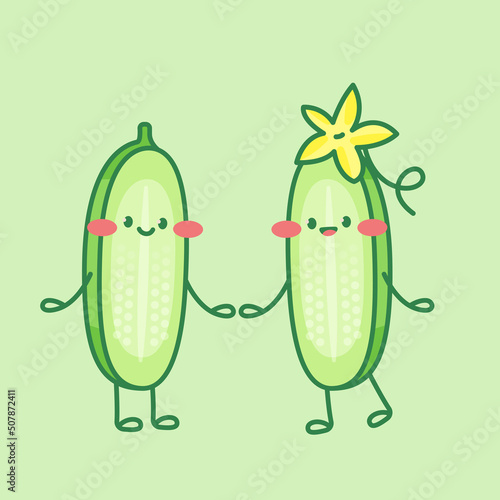 Cute cucumber characters. Couple in love. Cartoon vector isolated illustration.