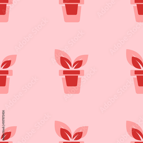 Seamless pattern of large isolated red plant in pot symbols. The elements are evenly spaced. Vector illustration on light red background