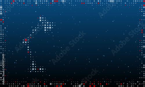 On the left is the table lamp symbol filled with white dots. Pointillism style. Abstract futuristic frame of dots and circles. Some dots is red. Vector illustration on blue background with stars