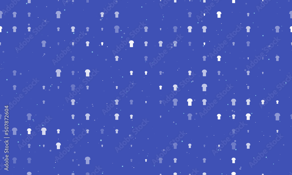 Seamless background pattern of evenly spaced white t-shirt symbols of different sizes and opacity. Vector illustration on indigo background with stars