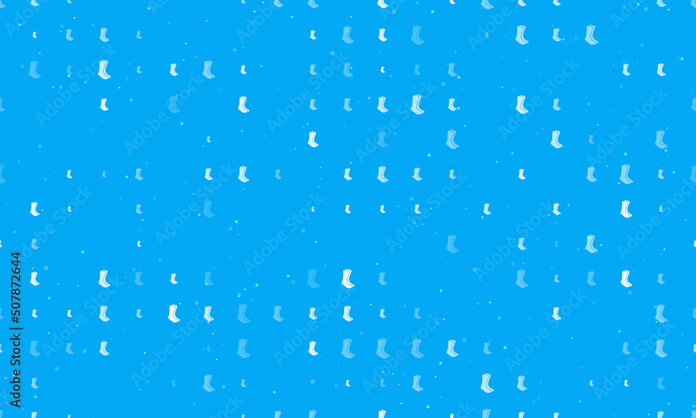 Seamless background pattern of evenly spaced white socks symbols of different sizes and opacity. Vector illustration on light blue background with stars