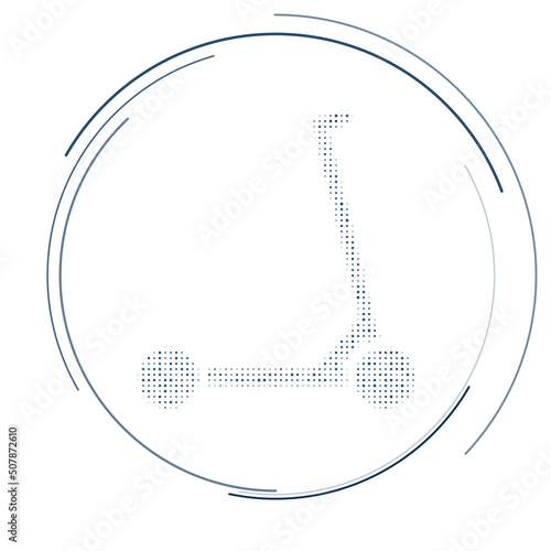The kick scooter symbol filled with dark blue dots. Pointillism style. Vector illustration on white background