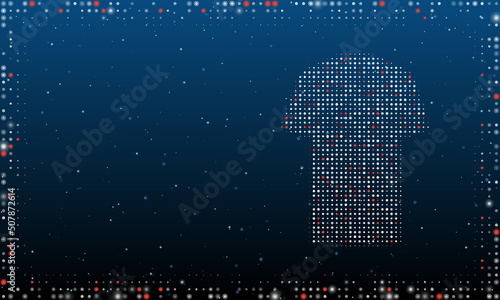 On the right is the t-shirt symbol filled with white dots. Pointillism style. Abstract futuristic frame of dots and circles. Some dots is red. Vector illustration on blue background with stars