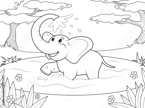 Elephant bathes in the river. African savanna. Wild animal, zoo. Page outline of cartoon. Vector illustration, coloring book for kids.