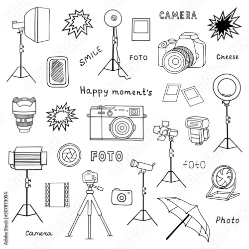 Collection of elements on the theme of photography on a white background. Vector drawing. Outline drawing.