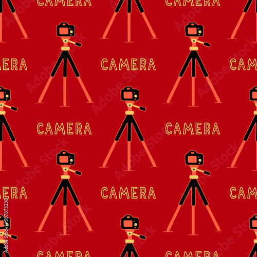 Bright seamless illustration with photo cameras on a tripod. Vector drawing.